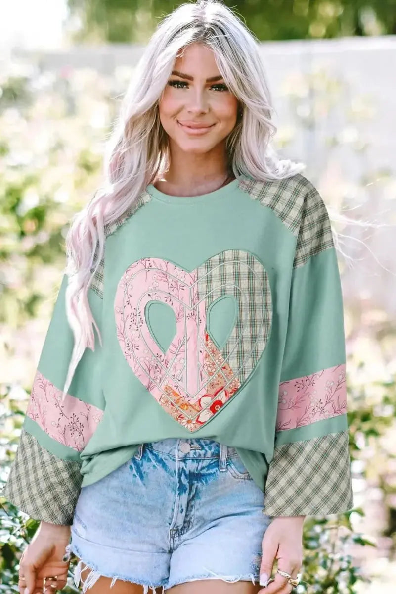 Heart Plaid Round Neck Long Sleeve Blouse - Love Salve